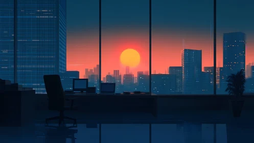 Office skyline overlooks neon city sunset through glass wall