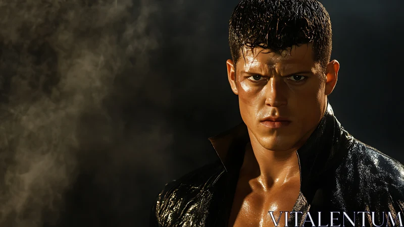 Male subject in wet jacket under directional studio light.