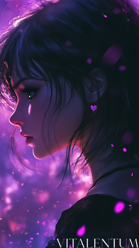 Luminous profile of wistful girl in violet bokeh haze.