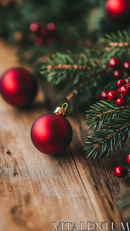 Red matte baubles with evergreen branches on rustic wood.