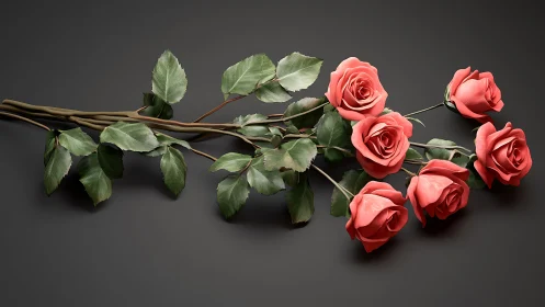Coral Roses on Branch Against Dark Surface.