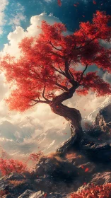 Scarlet wind-swept tree above luminous alpine valley.