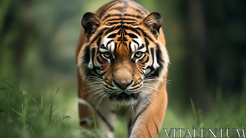 Tiger moves forward through shallow grass in soft focus forest