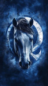 Monochrome blue digital horse portrait with circular sigil