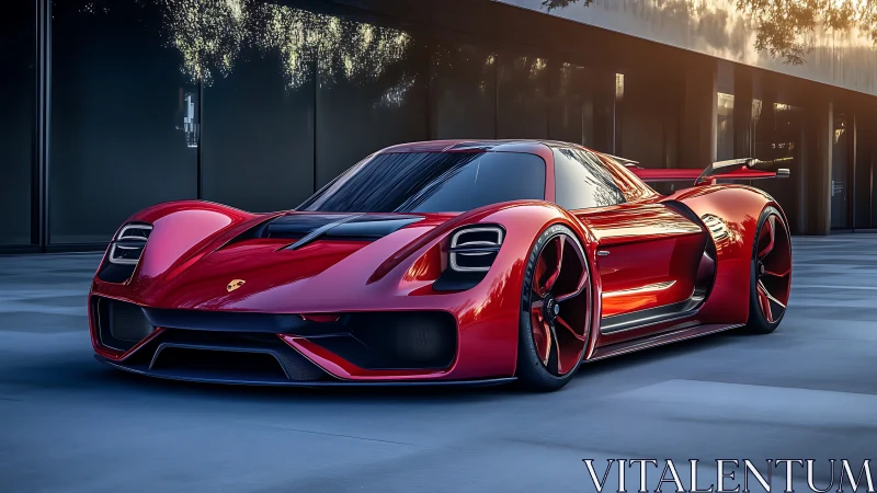 Crimson supercar concept beside glass-fronted showroom.
