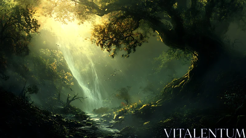 Luminous Cathedral: Where Sunlight Bathes the Misty Forest.