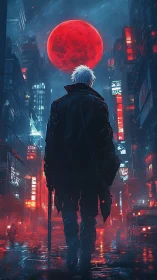 Lone cyberpunk wanderer beneath a blood-red neon moon.