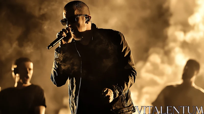 Smoke-drenched frontman commands a molten golden stage glow.