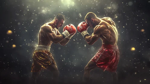 Professional Boxers in Combat Match with Dramatic Golden Lighting.