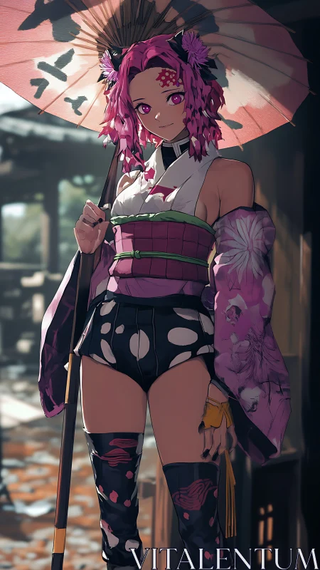 Pink-haired anime girl poses in stylized festival alleyway.