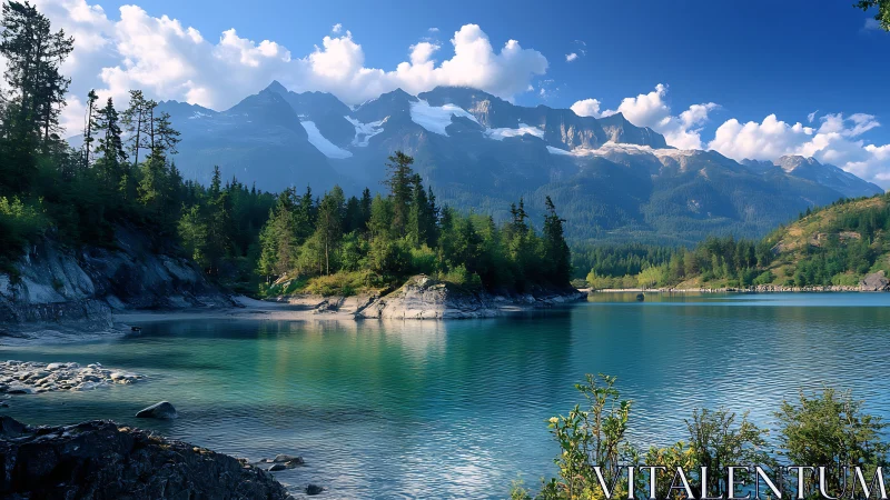 Alpine glacial lake with pine forest and snowcapped massif
