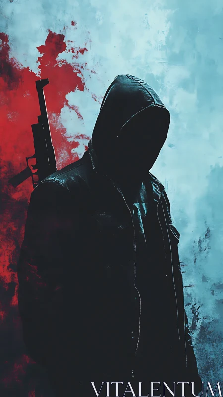 Hooded silhouette with carbine against bifurcated chroma field.