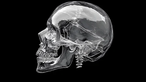 Transparent human skull in 3D digital art style on black background.