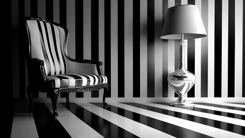 Striped black and white chair and lamp in high contrast room
