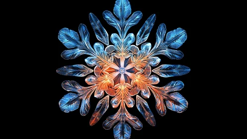 Radiant blue and orange snowflake glows against black space.