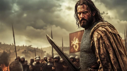 Battle-hardened medieval commander stares down a looming war