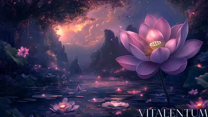 Luminous lotus blooms glow over tranquil twilight river.