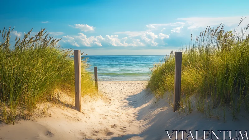 Coastal sand path framed by dune grass under clear sky.