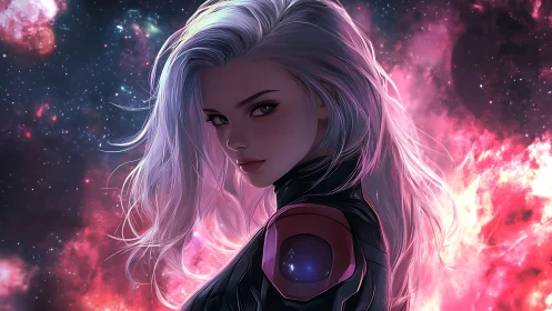 Stellar warrior portrait integrates neon nebula backlighting