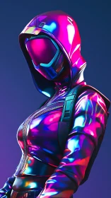 Neon cyber hooded figure in glossy reflective outfit.