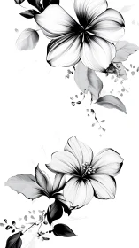 Elegant Black and White Botanical Illustration with Floating Petals
