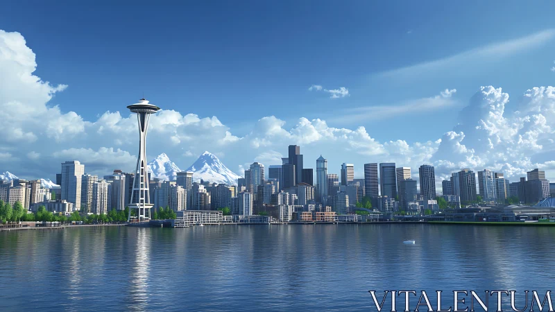 Seattle skyline panorama with bay reflections at midday light.