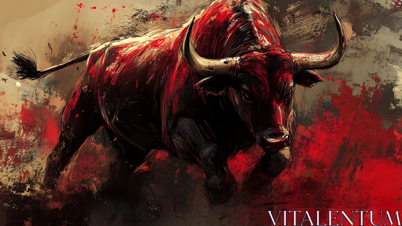 Charging red bull surges forward through fierce abstract strokes