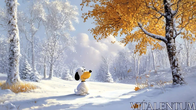 Cartoon dog studies lone golden tree in bright winter forest.