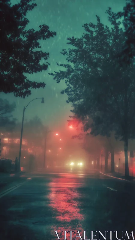 Cinematic rainy street at night with neon fog diffusion study.