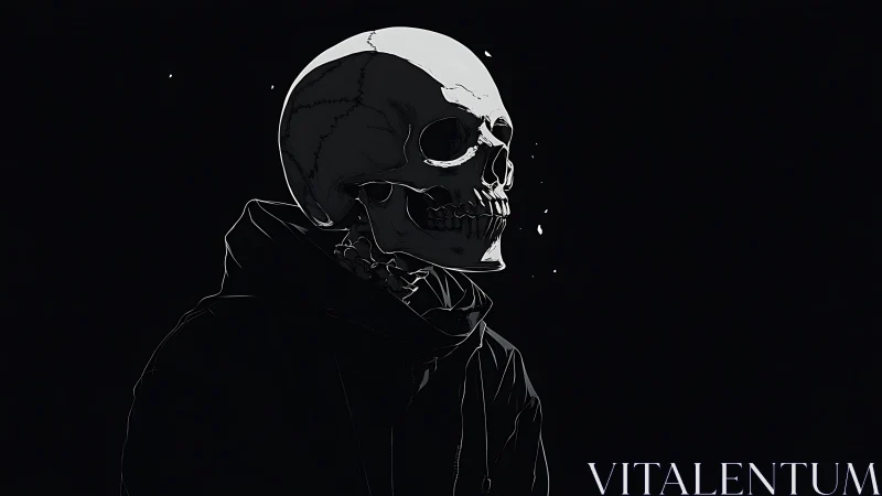 Monochrome skeletal figure in hooded streetwear profile.
