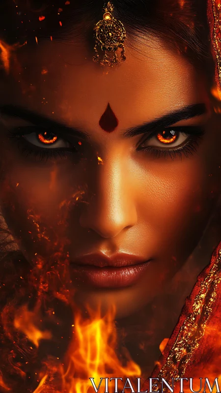 Fiery-eyed goddess portrait with inferno reflections and bindi focus