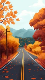 Autumn highway perspective under stylized foliage and layered mountains