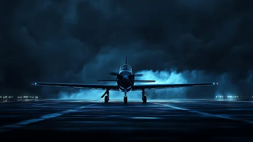 Night runway warbird under stormy blue backlight.