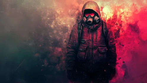 Hooded wanderer in neon smoke between calm and chaos.