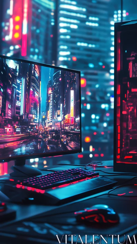 Neon gamer cockpit glowing against electric city skyline.