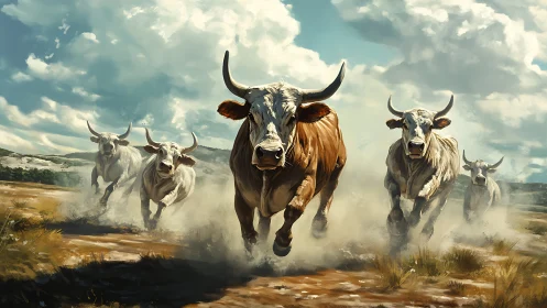Bold running cattle charging across a wide sunlit plain.