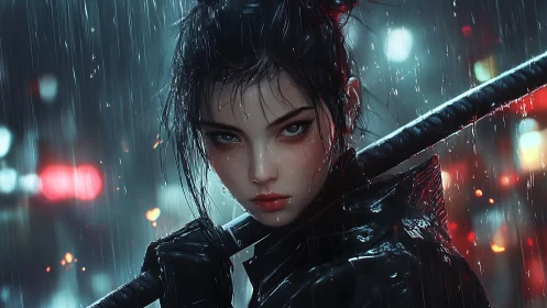 Neon rain katana vigilante in cinematic cyberpunk alleyway.