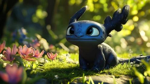 Bioluminescent hatchling dragon in shallow depth-of-field glade.