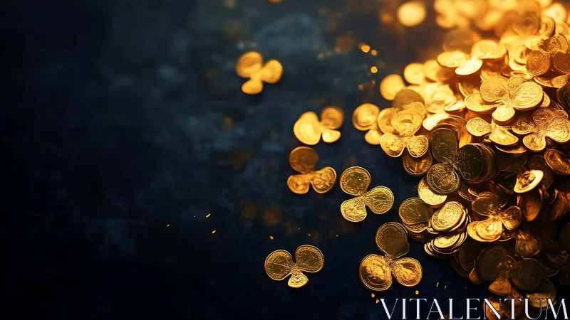 Gold clover coins scattered over dark textured surface.