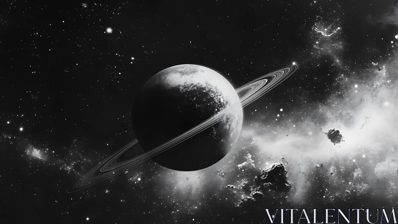 Monochrome ringed planet rendered with high-contrast cosmic dust field