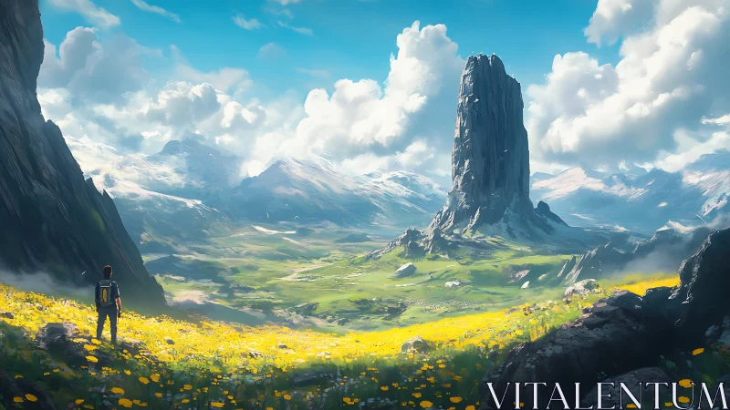 Solitary traveler surveys monolithic spire in vast valley.