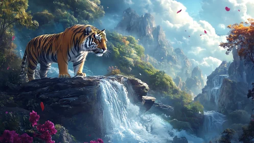 Tiger overlooking cascading mountain waterfalls in lush valley