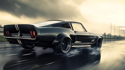 Classic black muscle car powers along wet coastal highway