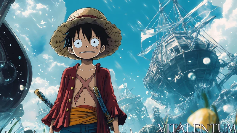 Straw-hatted anime pirate amid dynamic aerial ship armada.