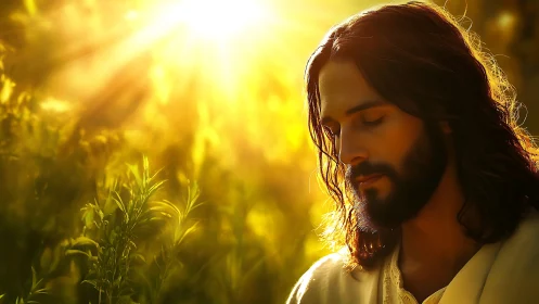 Bearded robed man in golden backlit meadow at sunrise