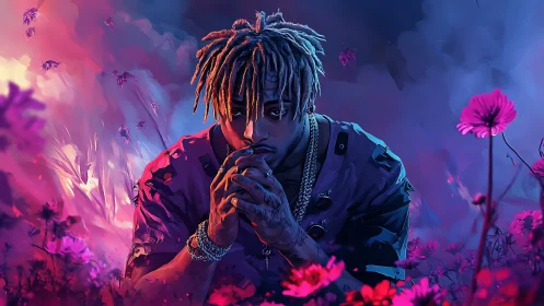 Moody digital portrait of pensive man in neon flower field.