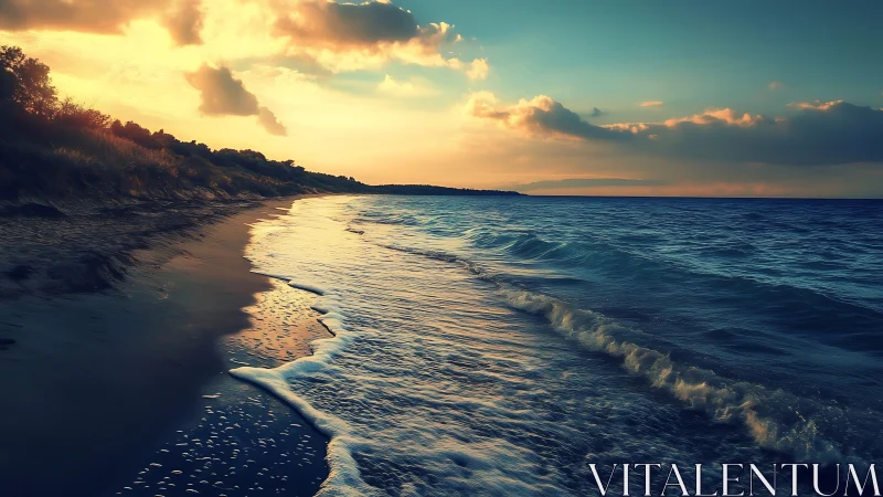 Golden evening waves curl gently along a quiet sandy shore
