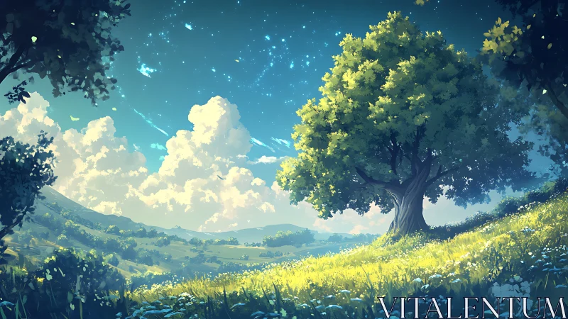 Starlit hilltop oak dreaming beneath cotton-sky clouds.