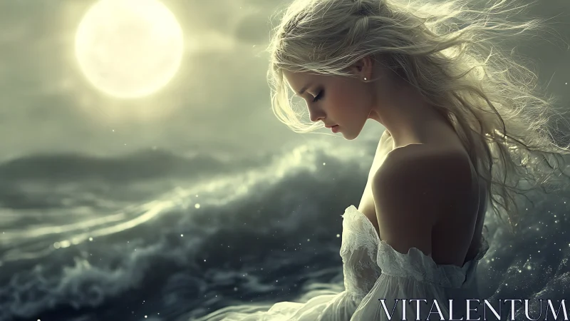 Moonlit ocean portrait with ethereal feminine silhouette.