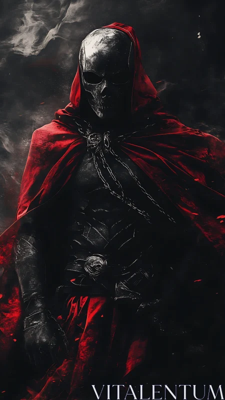 Armored skull warrior emerges from smoke in crimson cloak